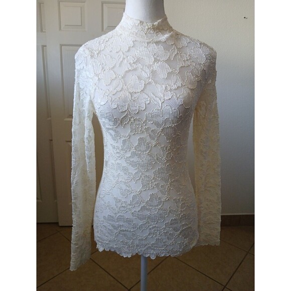 Vtg Pandora Casuals Lace Top Mock Neck Long Sleeve Beige Medium Romantic - Picture 1 of 13